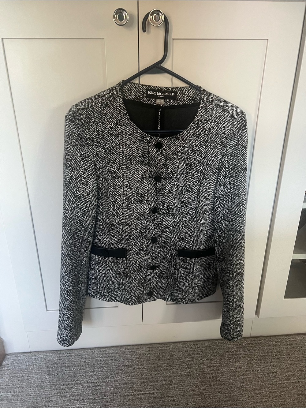 Karl Lagerfeld Black and White Herringbone Tweed Blazer